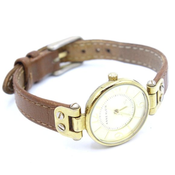 Anne Klein 10/9442 Genuine Brown Leather Gold Tone Quartz Analog Ladies Watch - Picture 1 of 6